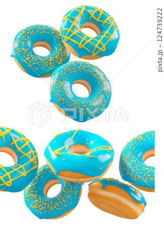 Donuts with blue blueberry glaze, sprinkles, white drizzle, and dots isolated on white transparent background 124739222