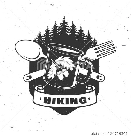 Hiking logo, badge design. Concept for shirt or logo, print, stamp or tee with pin forest, coffee or tea mug, fork and spoon. Outdoor adventure. Vector illustration. 124739301