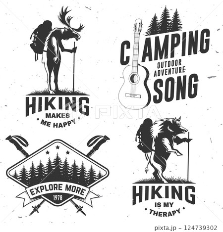 Hiking makes me happy. Hiking quote. Vector. Concept for shirt or logo, print, stamp or tee. Vintage typography design with moose, wild boar and backpack, guitar and forest silhouette. Summer camp. 124739302