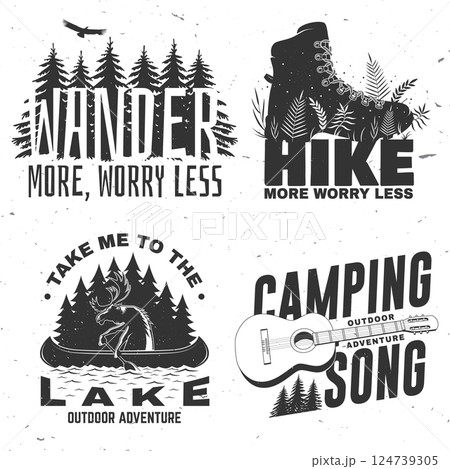 Take me to the lake. Camping quote. Vector. Concept for shirt or logo, print, stamp or tee. Vintage typography design with moose in canoe, lake and forest silhouette. Summer camp. 124739305