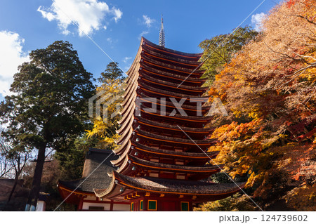 紅葉の談山神社の十三重塔（重要文化財） 124739602