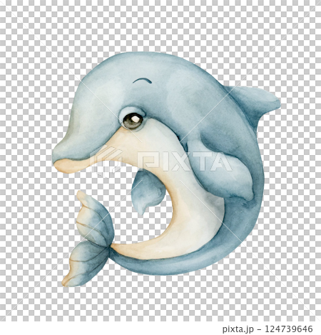 Cute Dolphin. Sea marine animal. Ocean inhabitant. Adorable underwater world creature. Watercolor hand painted illustration isolated on white background for kids nursery wall decor sticker baby shower 124739646