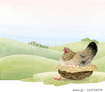 Chicken hen on nest hatching eggs with rural landscape scene watercolor illustration. Poultry yard sitting bird for farm scene designs. Realistic fowl clipart for organic eco products 124739879