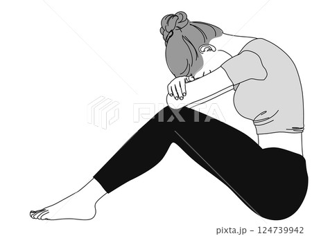 座って膝を抱えて悩む・落ち込む女性のイラスト 全身横向き モノクロ 124739942