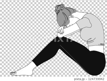座って膝を抱えて悩む・落ち込む女性のイラスト 全身横向き モノクロ 124739942