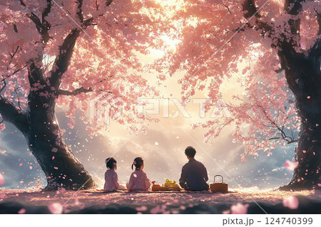 桜の木の下で花見を楽しむ和服姿の親子の後ろ姿（春・ピクニック・ファンタジー風） 124740399