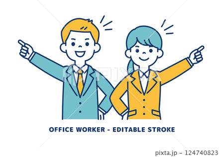 目標を指さす、若い男女の会社員のベクターイラスト素材＿＿線の編集可能 124740823