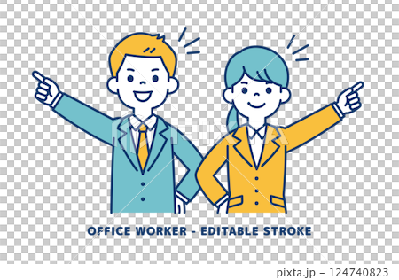 目標を指さす、若い男女の会社員のベクターイラスト素材＿＿線の編集可能 124740823