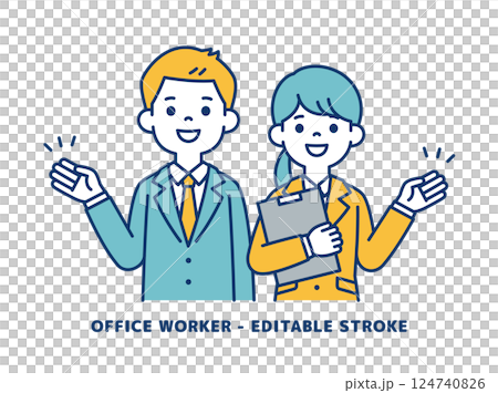 Vector illustration of young male and female office workers explaining with their hands _ _ Line editing possible 124740826