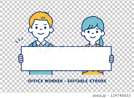 Vector illustration of young male and female office workers holding a long message board _ _ Line editable 124740833