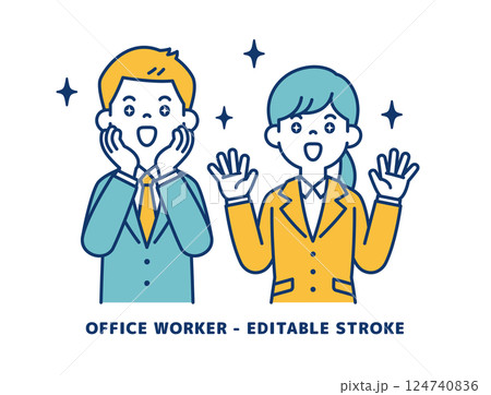 嬉しくて喜ぶ、若い男女の会社員のベクターイラスト素材＿＿線の編集可能 124740836