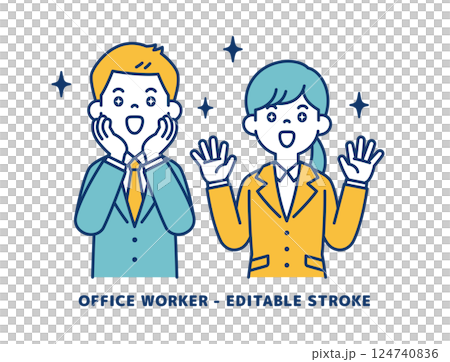 嬉しくて喜ぶ、若い男女の会社員のベクターイラスト素材＿＿線の編集可能 124740836