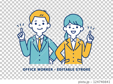 Vector illustration of young male and female office workers explaining with finger pointing _ _ Line editing possible Vector illustration of young male and female office workers explaining with finger pointing _ _ Line editing possible 124740841