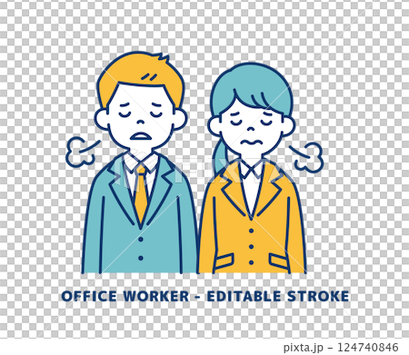 Vector illustration of young male and female office workers sighing with tired faces _ _ Line editing possible 124740846