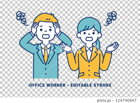 Vector illustration of young male and female office workers holding their heads with troubled faces _ _ Line editing possible 124740847