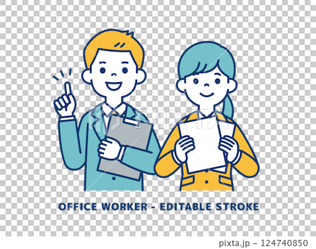 Vector illustration of young male and female office workers explaining the points _ _ Line editing possible 124740850