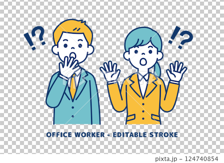 口をポカンとさせて驚く、若い男女の会社員のベクターイラスト素材＿＿線の編集可能 124740854