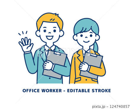 資料を片手に挨拶する、若い男女の会社員のベクターイラスト素材＿＿線の編集可能 124740857