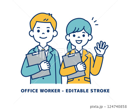 笑顔で提案する、若い男女の会社員のベクターイラスト素材＿＿線の編集可能 124740858