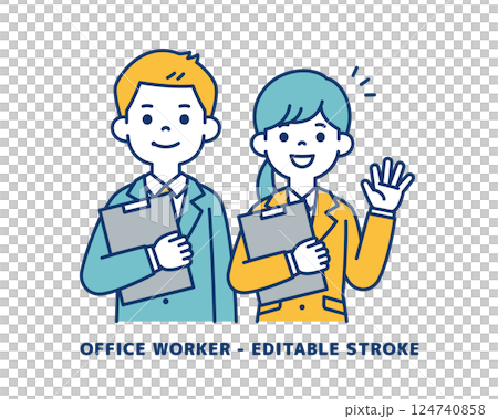 笑顔で提案する、若い男女の会社員のベクターイラスト素材＿＿線の編集可能 124740858