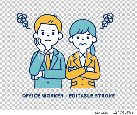 Vector illustration of young male and female office workers who are constantly worrying about something _ _ Line editing possible Vector illustration of young male and female office workers who are constantly worrying about something _ _ Line editing possible 124740862
