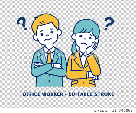 向量插圖：年輕男女辦公室職員歪著頭思考_ _ 可以進行行編輯 124740863