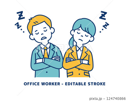 腕を組んで居眠りする、若い男女の会社員のベクターイラスト素材＿＿線の編集可能 124740866