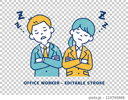 向量插圖：年輕男女辦公室職員雙臂交叉小睡。可進行行編輯 124740866