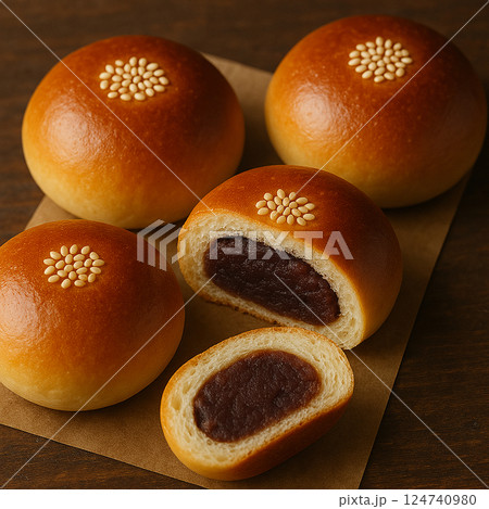 焼きたてアンパン、複数個、カット面あり 124740980
