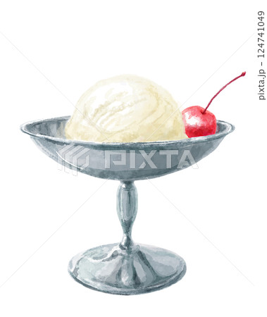 喫茶店のアイスクリームの水彩イラスト(バニラアイス、チェリー) 124741049