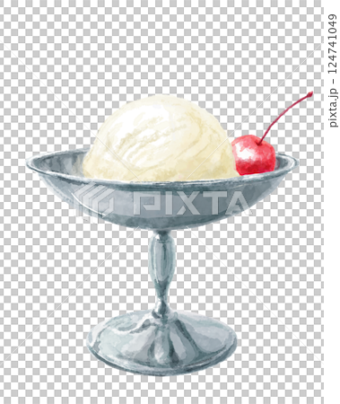 喫茶店のアイスクリームの水彩イラスト(バニラアイス、チェリー) 124741049