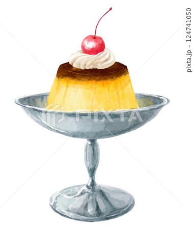 喫茶店のプリンの水彩イラスト 124741050