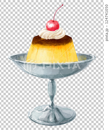 喫茶店のプリンの水彩イラスト 124741050