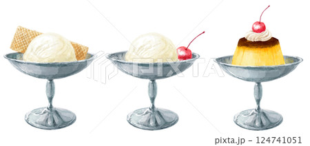 デザートカップに入ったアイスクリームとプリンの水彩イラストセット 124741051
