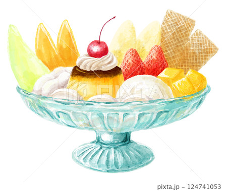プリンアラモードの水彩イラスト(いちご・メロンなど)のイラスト素材