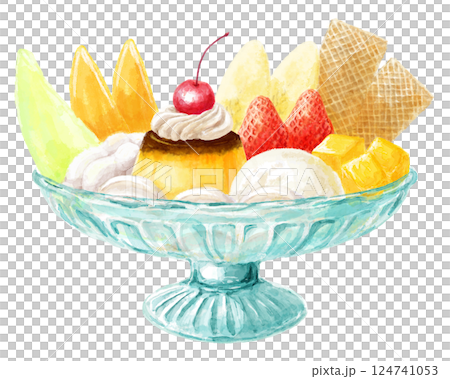 Watercolor illustration of pudding a la mode (strawberry, melon, etc.) 124741053