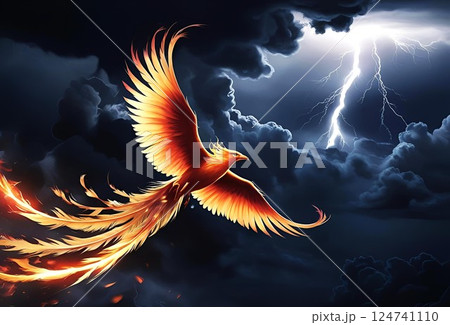 雷鳴の空を飛ぶ火の鳥のイラストのイラスト素材 [124741110] - PIXTA
