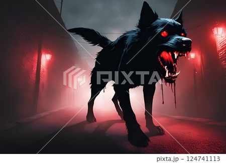 暗い路地を歩く恐ろしい黒犬のイラスト 124741113
