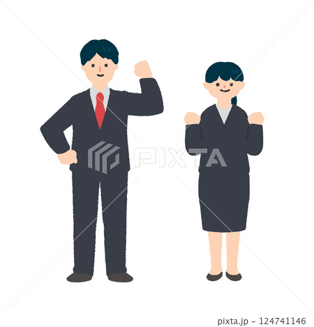 笑顔でガッツポーズをするスーツ姿の男性と女性 124741146