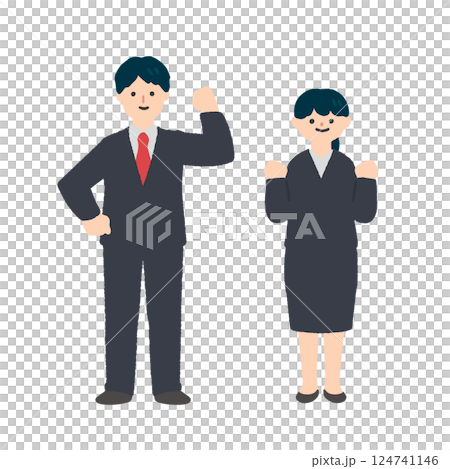 A man and woman in a suit smiling and posing in a fist pump 124741146