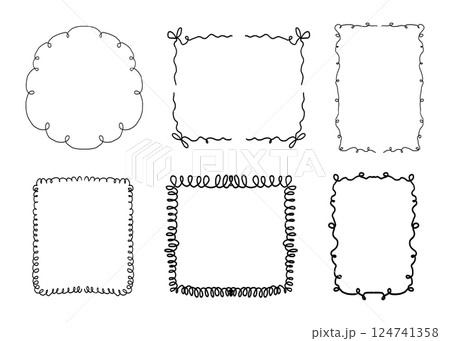 Whimsical coquette ribbon frame, hand drawn line ornament, border y2k romantic retro design element. Wavy curved vintage decor. 124741358