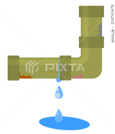 点検やメンテナンス不足で配管や水道管から漏水して水漏れするイラスト 124741478