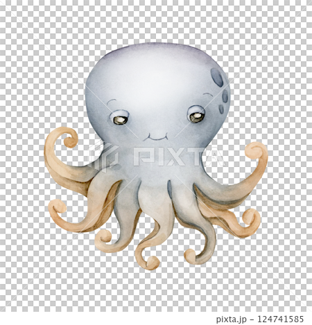 Cute Octopus. Sea marine animal. Ocean inhabitant. Adorable underwater world creature. Watercolor hand painted illustration isolated on white background for kids nursery wall decor sticker baby shower Cute Octopus. Sea marine animal. Ocean inhabitant. Adorable underwater world creature. Watercolor hand painted illustration isolated on white background for kids nursery wall decor sticker baby shower 124741585