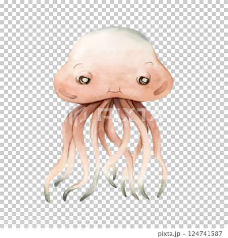 Cute Jellyfish. Sea marine animal. Ocean inhabitant. Adorable underwater world creature. Watercolor hand painted illustration isolated on white background for kids nursery decor sticker baby shower 124741587