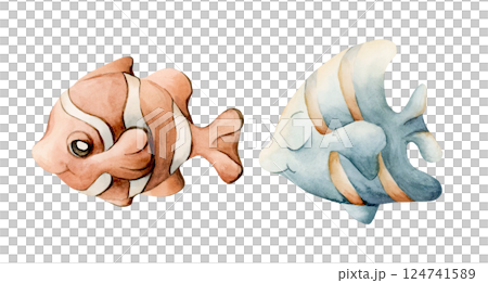 Cute Fishes set. Sea marine animals. Ocean inhabitants. Adorable clown fish and angelfish. Watercolor hand painted illustration isolated on white background for kids nursery wall sticker baby shower Cute Fishes set. Sea marine animals. Ocean inhabitants. Adorable clown fish and angelfish. Watercolor hand painted illustration isolated on white background for kids nursery wall sticker baby shower 124741589