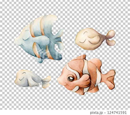 Cute Fishes set. Sea marine animals. Ocean inhabitants. Adorable clown fish and angelfish. Watercolor hand painted illustration isolated on white background for kids nursery wall sticker baby shower Cute Fishes set. Sea marine animals. Ocean inhabitants. Adorable clown fish and angelfish. Watercolor hand painted illustration isolated on white background for kids nursery wall sticker baby shower 124741591