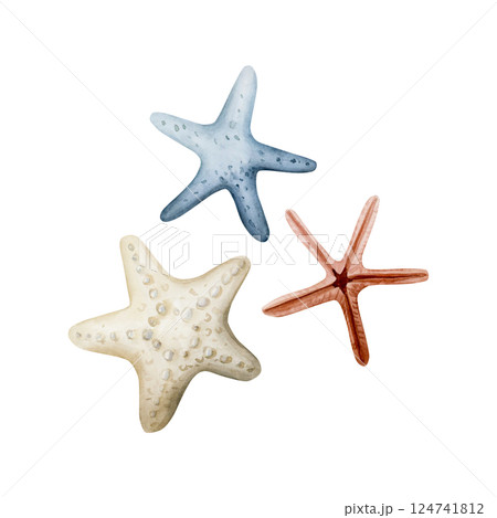 Sea starfishes. Cute ocean star fish clipart set. Underwater marine life. Watercolor hand painted illustration isolated on white background for kids nursery wall sticker baby shower undersea design 124741812