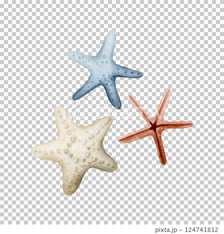 Sea starfishes. Cute ocean star fish clipart set. Underwater marine life. Watercolor hand painted illustration isolated on white background for kids nursery wall sticker baby shower undersea design 124741812