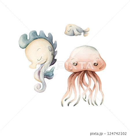 Sea Animals. Seahorse Jellyfish Fish Clipart Set isolated on white. Cute ocean creatures hand drawn. Adorable underwater world. Watercolor illustration kids nursery wall sticker decor undersea design Sea Animals. Seahorse Jellyfish Fish Clipart Set isolated on white. Cute ocean creatures hand drawn. Adorable underwater world. Watercolor illustration kids nursery wall sticker decor undersea design 124742102