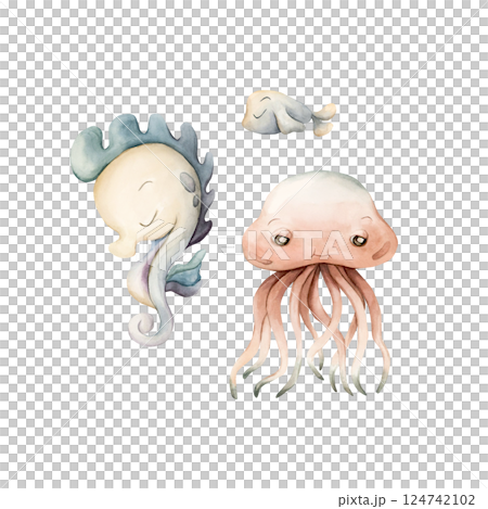 Sea Animals. Seahorse Jellyfish Fish Clipart Set isolated on white. Cute ocean creatures hand drawn. Adorable underwater world. Watercolor illustration kids nursery wall sticker decor undersea design Sea Animals. Seahorse Jellyfish Fish Clipart Set isolated on white. Cute ocean creatures hand drawn. Adorable underwater world. Watercolor illustration kids nursery wall sticker decor undersea design 124742102